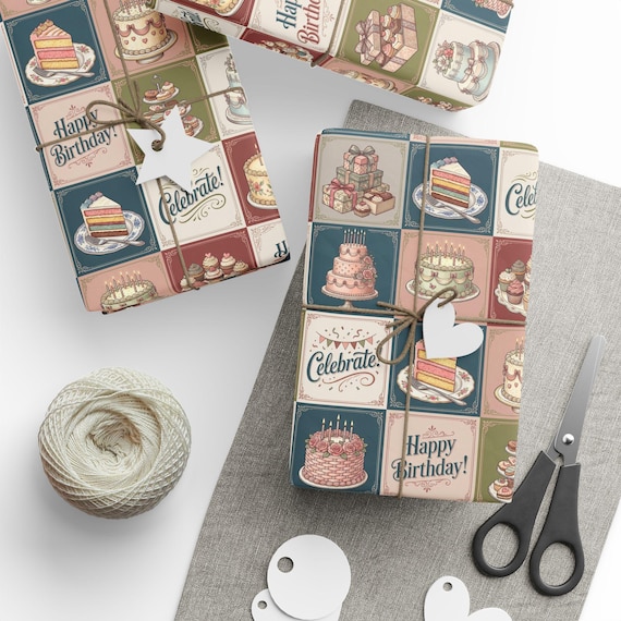 Vintage Birthday Gift Wrap Roll | Retro Bday Cake Wrapping Paper | Large-Scale Pattern