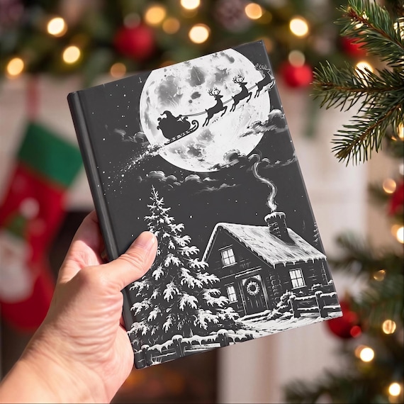 Santa Sleigh Moonlight Hardcover Journal | Christmas Stocking Stuffer Notebook | Lined or Blank Pages