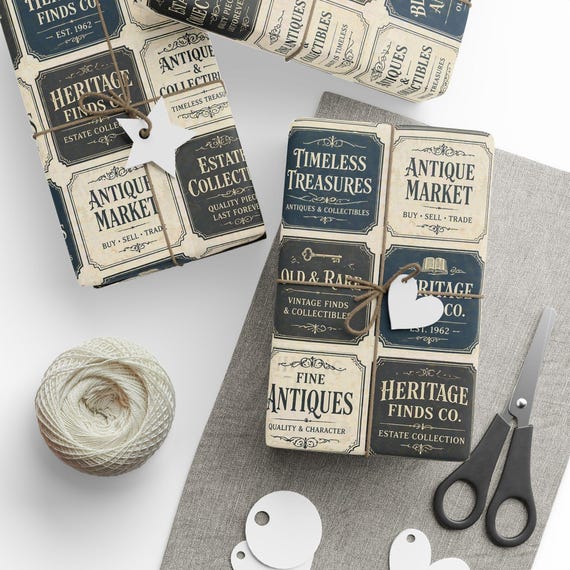 Vintage "Antique Shop" Gift Wrap Roll |  Nostalgia Signs Wrapping Paper | Large-Scale Pattern