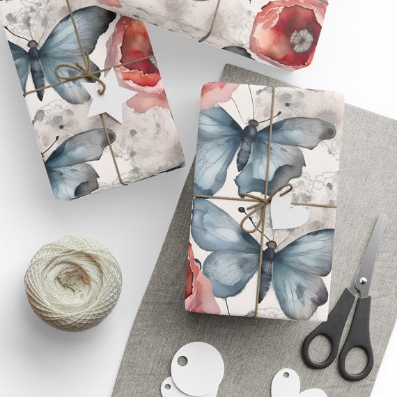 Watercolor Botanical Gift Wrap Roll | Moths and Poppy Flowers Wrapping Paper | Large-Scale Pattern