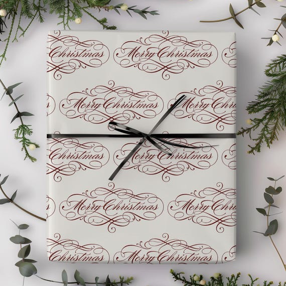 Refined Script Christmas Gift Wrap Roll |  Xmas Calligraphy Wrapping Paper | Multiple Sizes