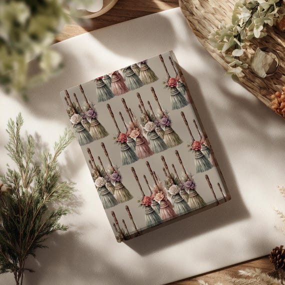 Boho Broom Wrapping Paper Roll | Cottagecore Brooms Matte Gift Wrap | Halloween Present | Multiple Sizes