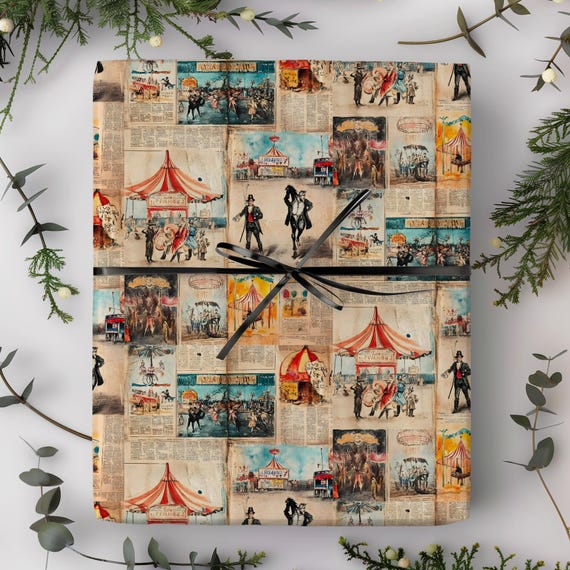 Retro Travel Circus Collage Wrapping Paper Roll | Goth Carnival Postcard Gift Wrap | Multiple Sizes