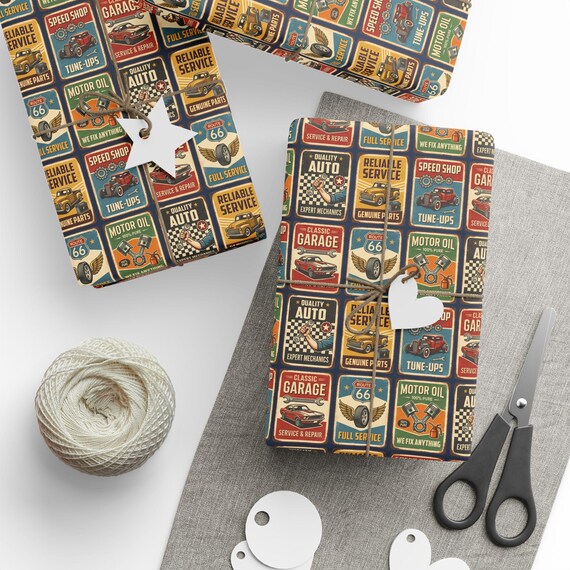 Retro Garage Signs Gift Wrap Roll | Classic Car Guy Wrapping Paper | Large-Scale Pattern