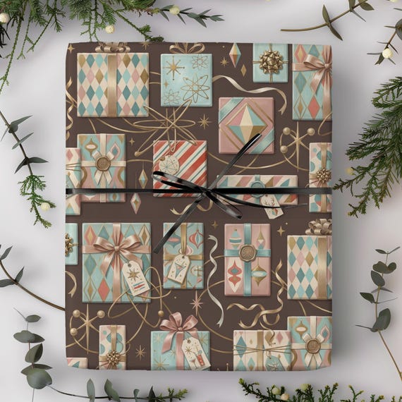 Pastel Christmas Presents Gift Wrap Roll | Retro Xmas Holiday Wrapping Paper | Dreaming of a Pastel Christmas Collection
