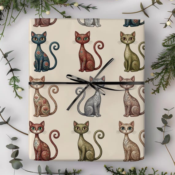 Bohemian Folk Cats Gift Wrap Roll | Whimsical Retro Cats Wrapping Paper | Large-Scale Pattern