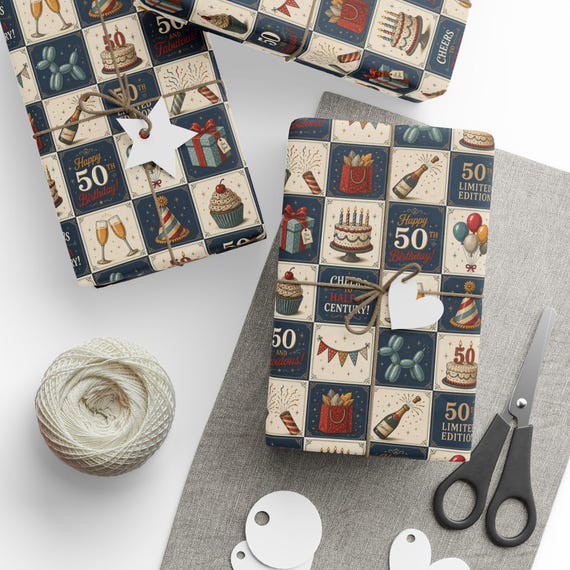 50th Birthday Gift Wrap Roll | Fiftieth Bday Wrapping Paper | Large-Scale Pattern