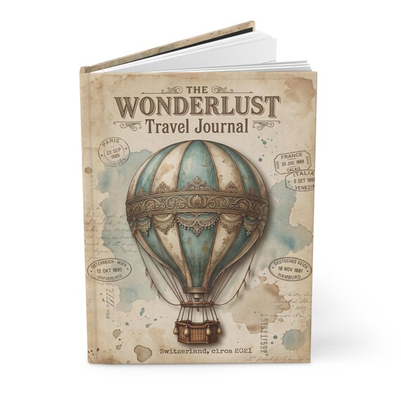Travel Personalized Journal Hardcover | Hot Air Balloon Custom Notebook | Lined or Blank Pages