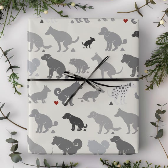 Funny Pooping Dogs Wrapping Paper | Gag Gift Wrap for White Elephant, White and Grey Silhouette Dog Silhouette Paper, Humorous Gift