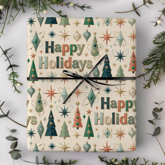 Atomic Happy Holidays Gift Wrap Roll | Mid-Century Modern Retro Xmas Wrapping Paper | Atomic Holiday Collection