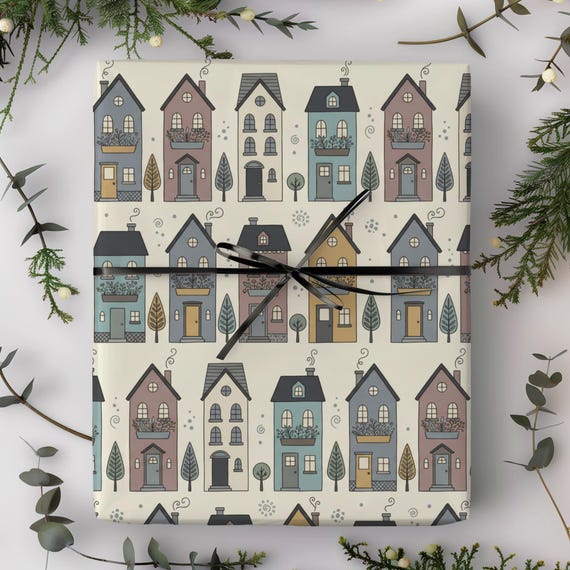 Cozy Village Gift Wrap Roll | Mid-century Modern Houses Wrapping Paper | Large-Scale Pattern