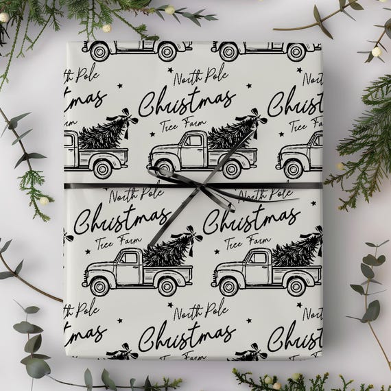 Christmas Truck Gift Wrap Roll | Black and Ivory Xmas Wrapping Paper | Holiday Presents
