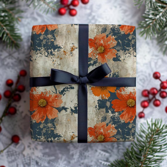 Gerbera Daisy Wrapping Paper Roll | Red White Blue Grunge Floral Gift Wrap | Wedding, Housewarming, Christmas