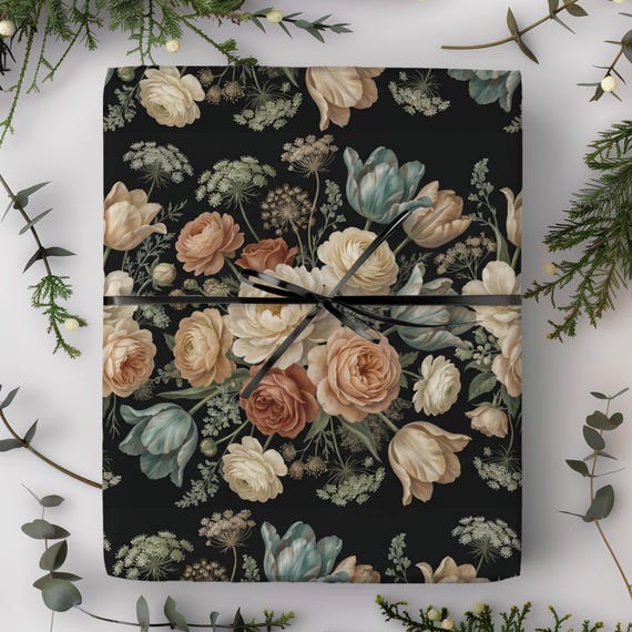 Elegant Dark Botanical Gift Wrap Roll | Dutch Floral Wrapping Paper | Dark Academia Present