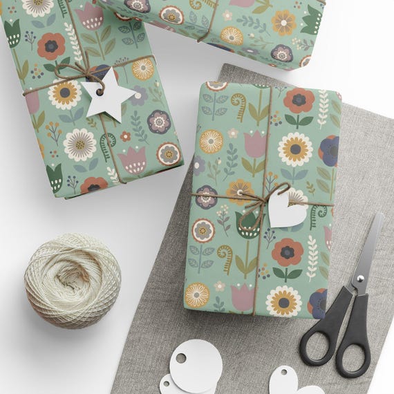 Folk-art Flowers Gift Wrap Roll | Mid-century Floral Pattern Wrapping Paper