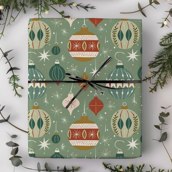 Sage Christmas Ornaments Gift Wrap Roll | Vintage Holiday Wrapping Paper