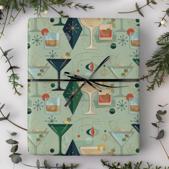 Atomic Christmas Cocktail Gift Wrap Roll | Retro Xmas Wrapping Paper | Atomic Holiday Collection