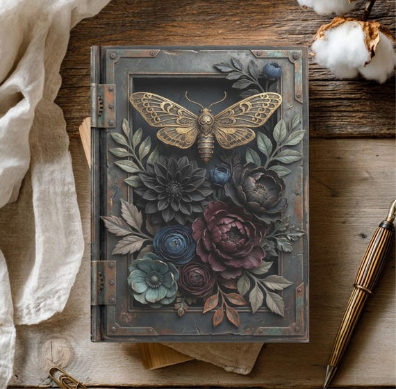 Moth & Dark Floral Hardback Journal | Vintage Hardcover Notebook | Antique Diary | Lined or Blank Pages