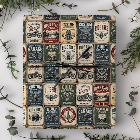 Retro Motorcycle Gift Wrap Roll | Motorbike Nostalgia Wrapping Paper | Retirement, Birthday, Father's Day, Anniversary