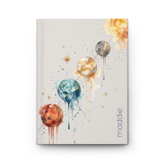 Watercolor Solar System Personalized Journal | Celestial Planets Hardcover Custom Notebook | Lined or Blank Pages