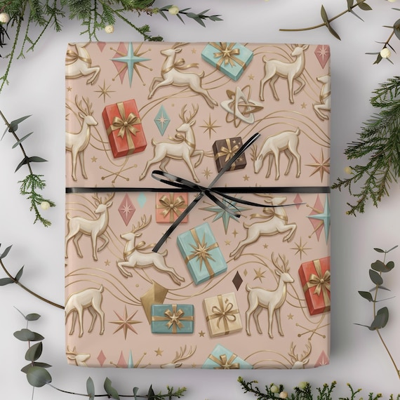 Pastel Porcelain Reindeer Gift Wrap Roll | Retro Xmas Deer Wrapping Paper | Dreaming of a Pastel Christmas Collection
