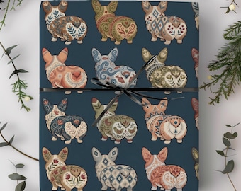 Corgi Lover Gift Wrap Roll | Corgis Folk Art Wrapping Paper | Large-Scale Pattern