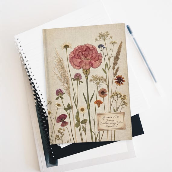 January Carnation Birth Flower Journal | Heirloom Vintage Notebook | Heritage Botanical Diary | Lined or Blank Pages