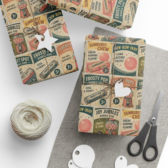 Vintage Bubble Gum Gift Wrap Roll | Retro Candy Wrapping Paper | Large-Scale Pattern
