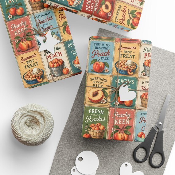 Retro Peaches Gift Wrap Roll | Vintage Peach Sign Wrapping Paper | Large-Scale Pattern