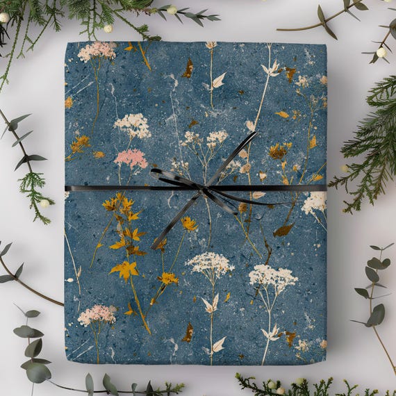 Wildflower Romance Wrapping Paper Roll | Denim Vintage Floral Gift Wrap | Wedding, Graduation, Bridal, Retirement Present