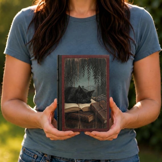 Black Cat and Books Hardcover Journal | Multiple Sizes | Heirloom Hardback Notebook
