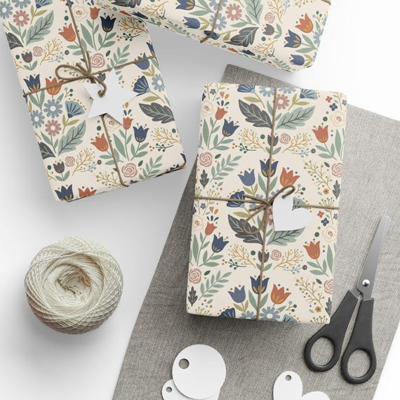 Scandinavian Floral Gift Wrap Roll | Folk-art Botanical Wrapping Paper | Large-Scale Pattern