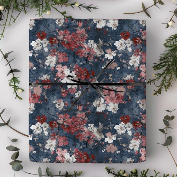 Navy Floral Pattern Wrapping Paper Roll | Distressed Painted Blossoms Gift Wrap | Retirement, Graduation, Wedding, Anniversary, Bridal