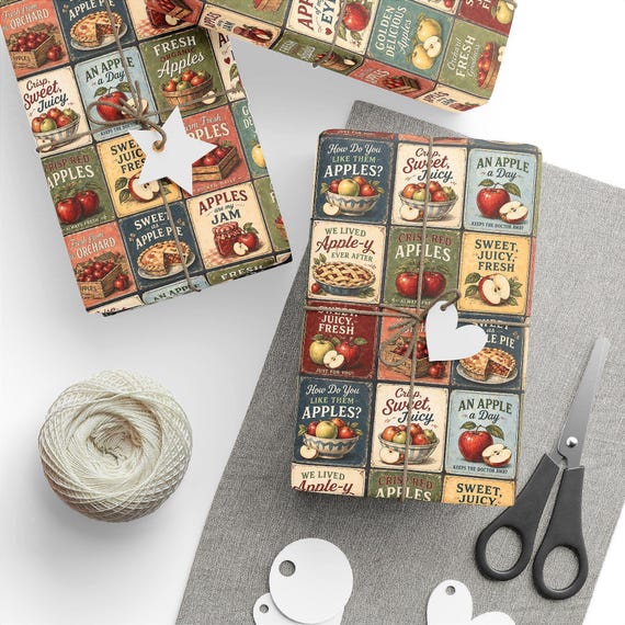 Retro Apple Sign Gift Wrap Roll | Vintage Apples Wrapping Paper | Large-Scale Pattern