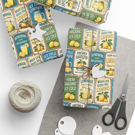 Vintage Nostalgic Lemonade Gift Wrap Roll | Retro Lemon Wrapping Paper | Large-Scale Pattern