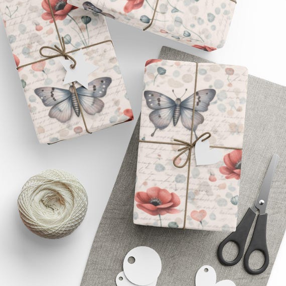 Butterflies & Poppies Gift Wrap Roll | Boho Poppy Flower Wrapping Paper | Large-Scale Pattern