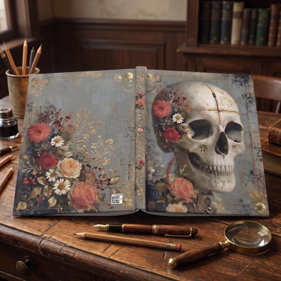Floral Skull Artwork Hardcover Journal | Gothic Hardback Notebook | Light Academia Diary
