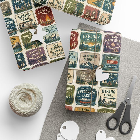 Camping Vintage Signs Gift Wrap Roll | Outdoor Adventure Wrapping Paper | Large-Scale Pattern