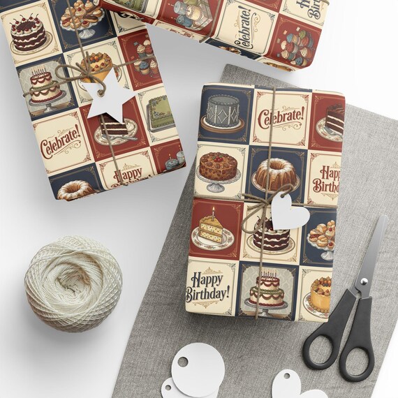 Retro Birthday Gift Wrap Roll | Bday Cake Theme Wrapping Paper | Large-Scale Pattern
