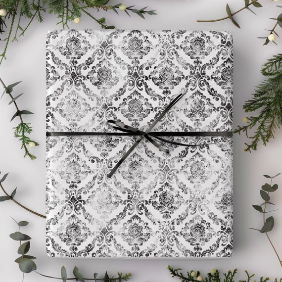 Gothic Damask Pattern Gift Wrap Roll | Black & White Wrapping Paper | Dark Academia Gifts