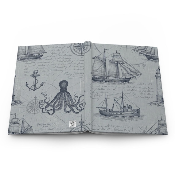 Nautical Toile Pattern Hardcover Journal | Multiple Sizes | Vintage Sea Hardback Notebook | Antique Heirloom Diary