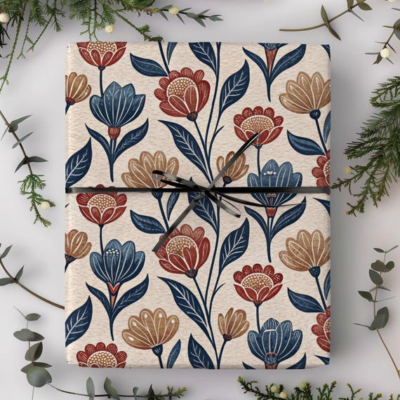 Folk Art Botanical Gift Wrap Roll | Vintage Floral Wrapping Paper