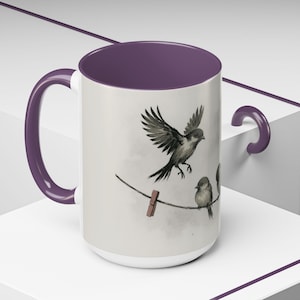 Minimalist Sparrows on a Wire Coffee Mug, Soft Watercolor Bird, Colored Interior, 11oz or 15oz