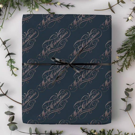 Elegant Merry Christmas Gift Wrap Roll | Rose Gold Calligraphy Xmas Wrapping Paper