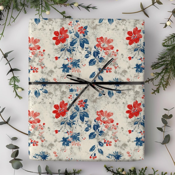Vintage Floral Wrapping Paper Roll | Distressed Red Blue Flowers Gift Wrap | Graduation, Housewarming, Retirement, Wedding