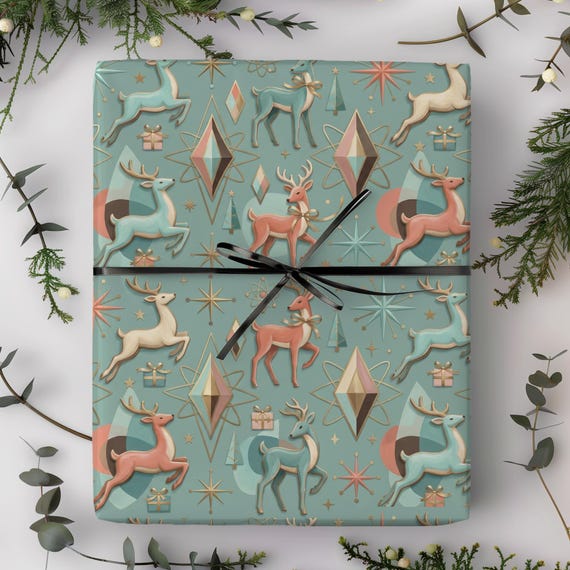 Pastel MCM Reindeer Gift Wrap Roll | Xmas Deer Wrapping Paper | Dreaming of a Pastel Christmas Collection