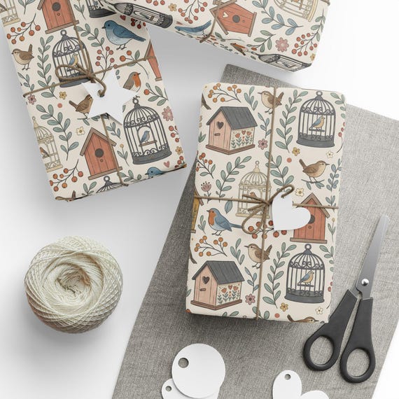 Storybook Birdhouse Gift Wrap Roll | Cottagecore Bird Lover Wrapping Paper | Large-Scale Pattern