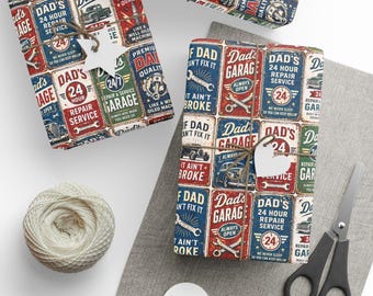 Retro Dad Fix It Gift Wrap Roll | Vintage Garage Sign Wrapping Paper | Large-Scale Pattern