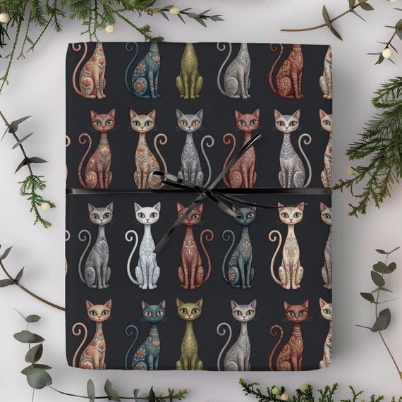 Boho Folk Cats Gift Wrap Roll | Whimsical Cat Lover Wrapping Paper | Large-Scale Pattern