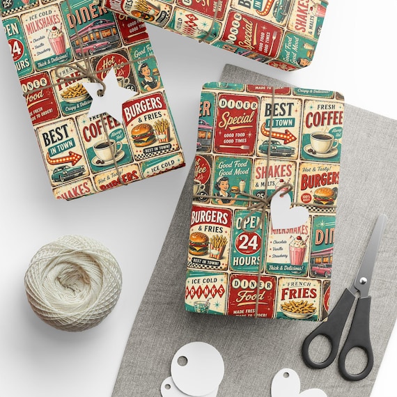 Retro Diner Gift Wrap Roll | Vintage Coffee Soda Pop Art Wrapping Paper | Large-Scale Pattern